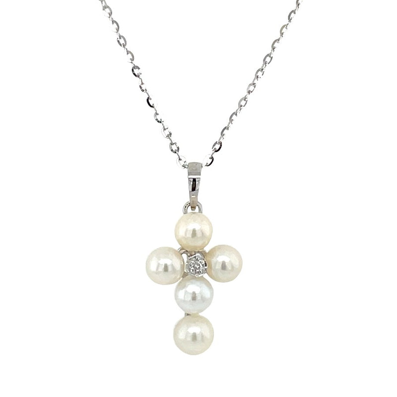 14K WHITE GOLD PEARL CROSS NECKLACE