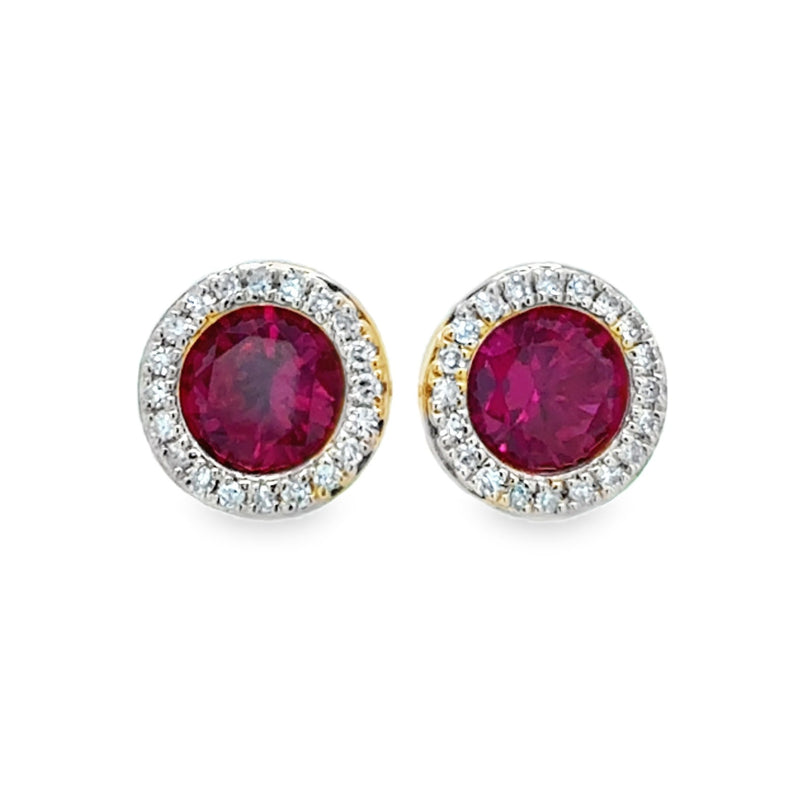 14K YELLOW GOLD RED CORUNDUM AND DIAMOND EARRINGS  #210-00430