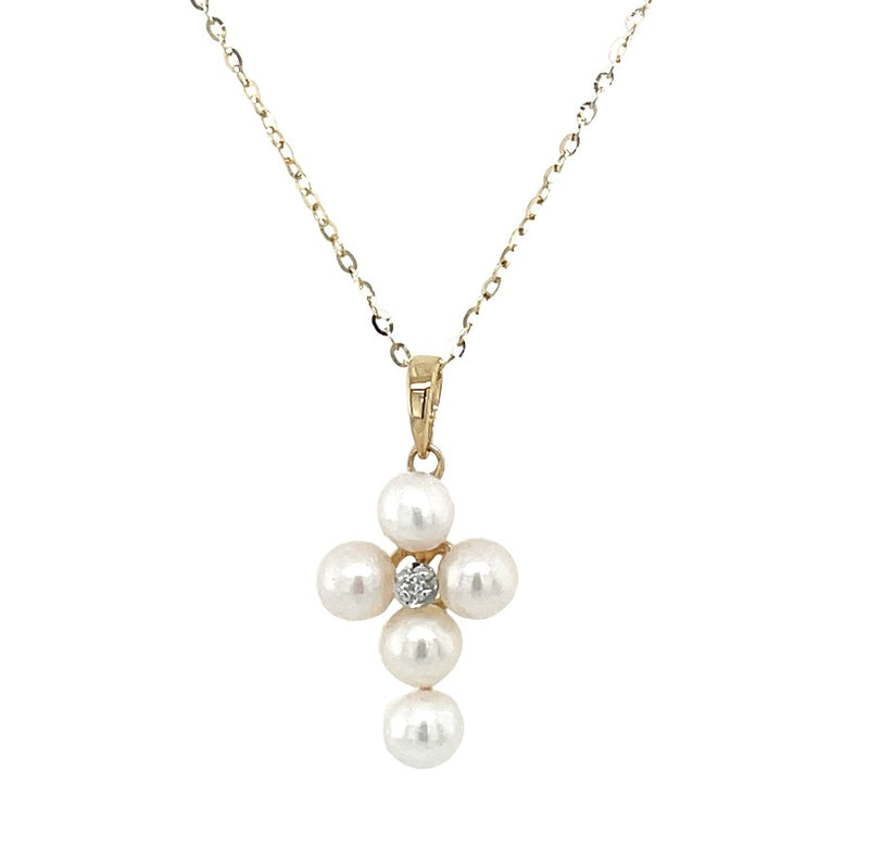 14K YELLOW GOLD PEARL CROSS NECKLACE