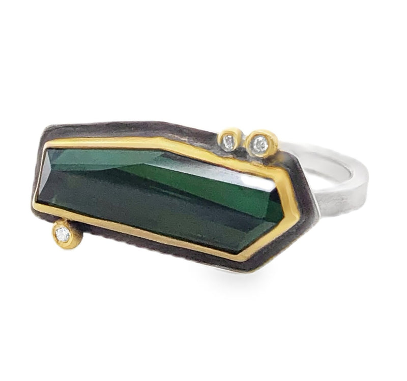 STERLING SILVER AND 22K YELLOW GOLD TOURMALINE AND DIAMOND RING  #200-00308