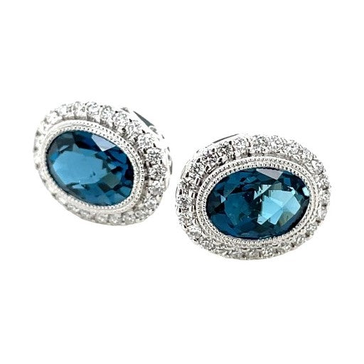 14K WHITE GOLD BLUE TOPAZ AND DIAMOND EARRINGS