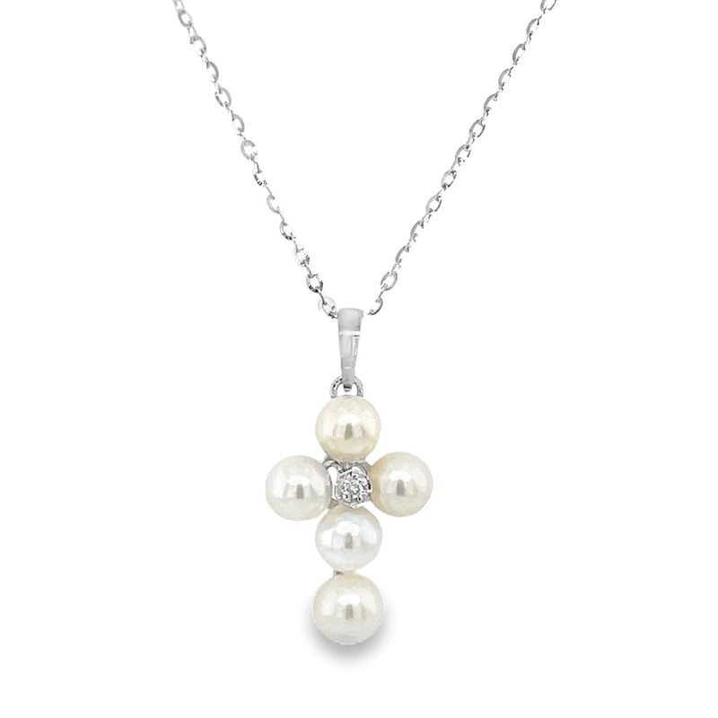 14K WHITE GOLD PEARL CROSS NECKLACE  #325-00043