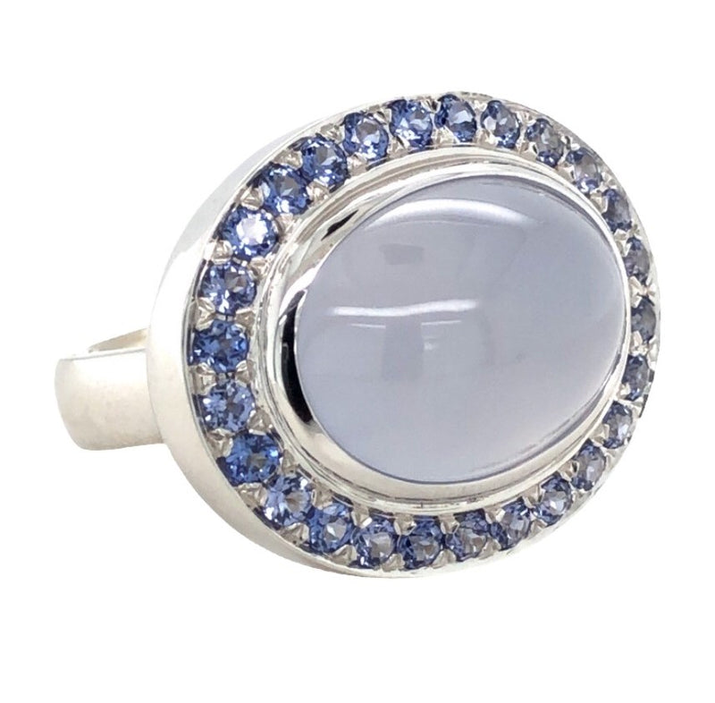 14K WHITE GOLD CHALCEDONY AND SAPPHIRE RING