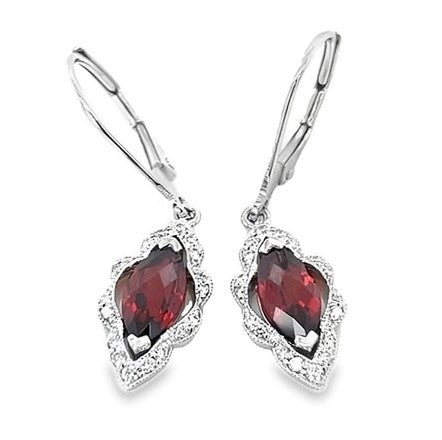 14K WHITE GOLD GARNET AND DIAMOND EARRINGS  #210-00222