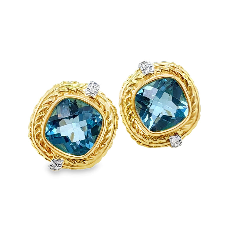 14K YELLOW GOLD BLUE TOPAZ AND DIAMOND EARRINGS  #210-00468