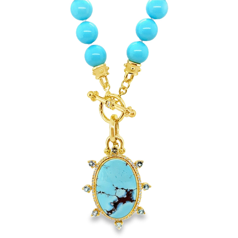 14K YELLOW GOLD TURQUOISE AND DIAMOND NECKLACE  #235-00322