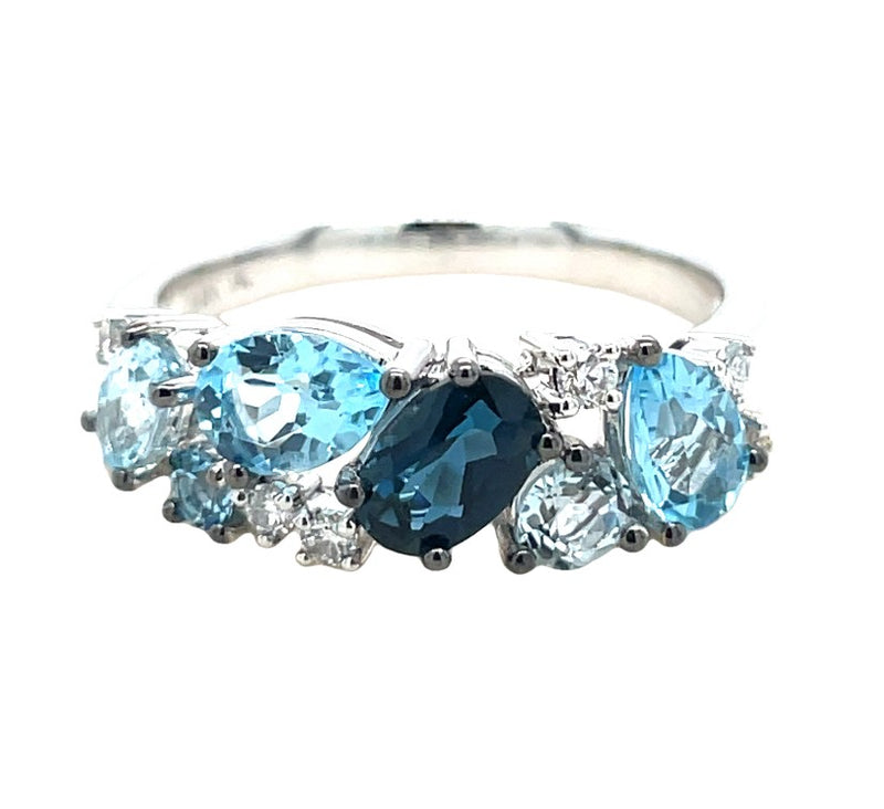 14K WHITE GOLD BLUE TOPAZ AND DIAMOND RING