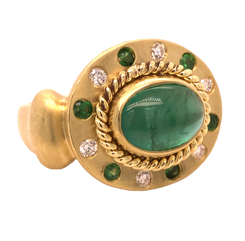 14K YELLOW GOLD EMERALD, TSAVORITE  AND DIAMOND RING