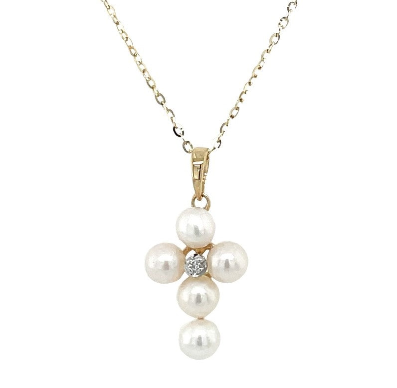 14K YELLOW GOLD PEARL CROSS NECKLACE