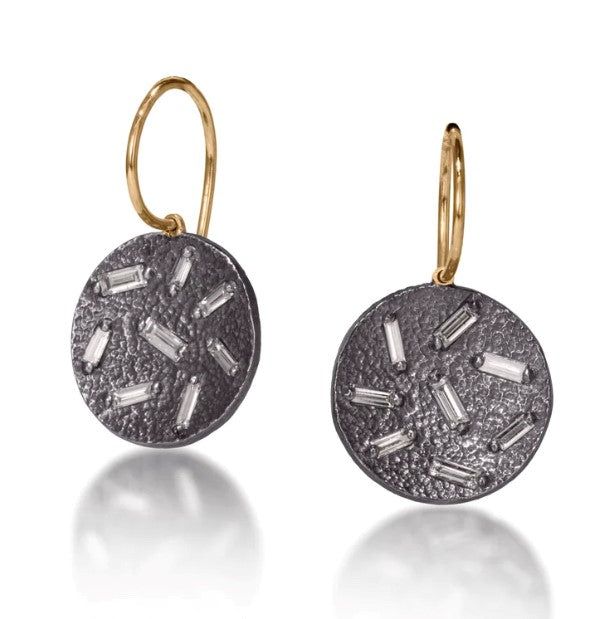 OXIDIZED STERLING SILVER AND 18K YELLOW GOLD DIAMOND EARRINGS  #150-00291