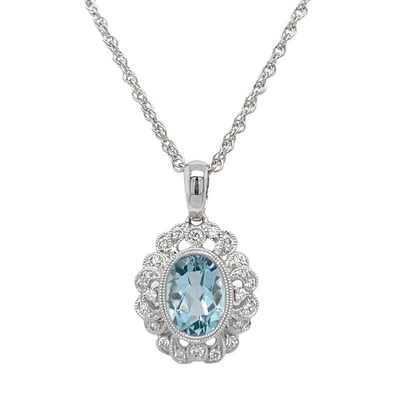 14K WHITE GOLD AQUAMARINE AND DIAMOND NECKLACE