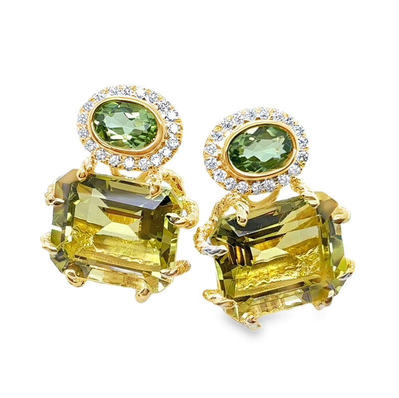 14K YELLOW GOLD PERIDOT, CITRINE AND DIAMOND EARRINGS  #210-00470