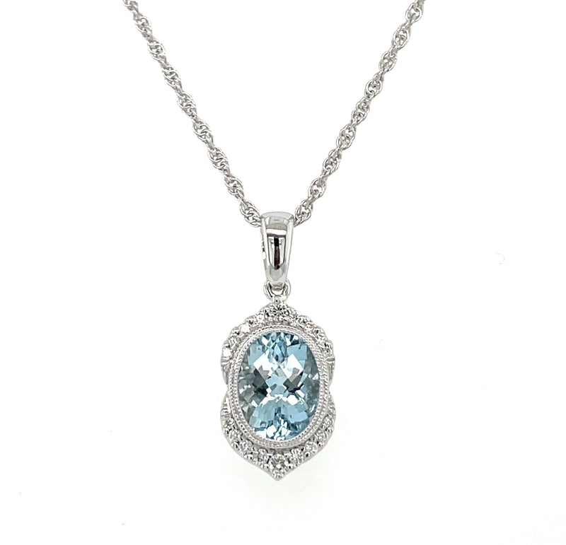 14K WHITE GOLD AQUAMARINE AND DIAMOND NECKLACE