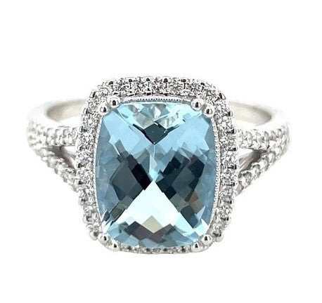 14K WHITE GOLD AQUAMARINE AND DIAMOND RING  #200-00285