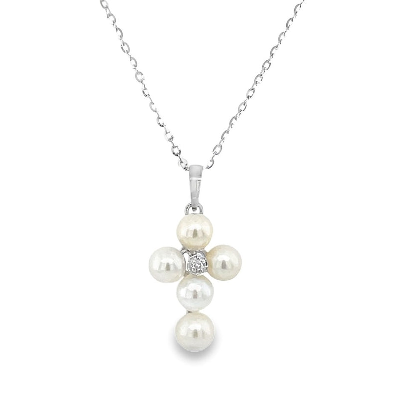 14K WHITE GOLD PEARL CROSS NECKLACE  #325-00044