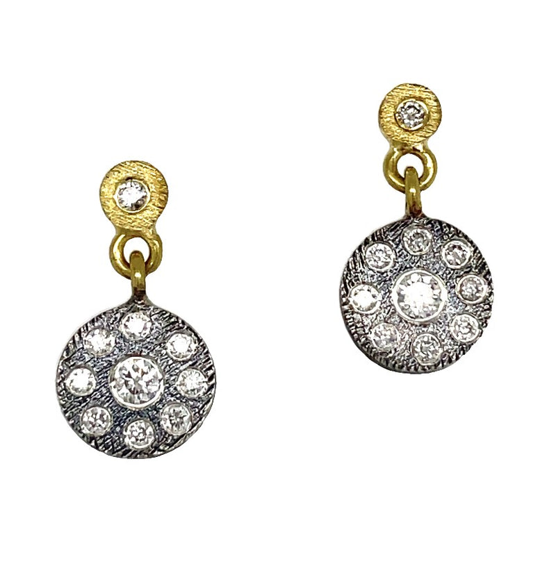 18K YELLOW GOLD AND OXIDIZED STERLING SILVER DIAMOND EARRINGS