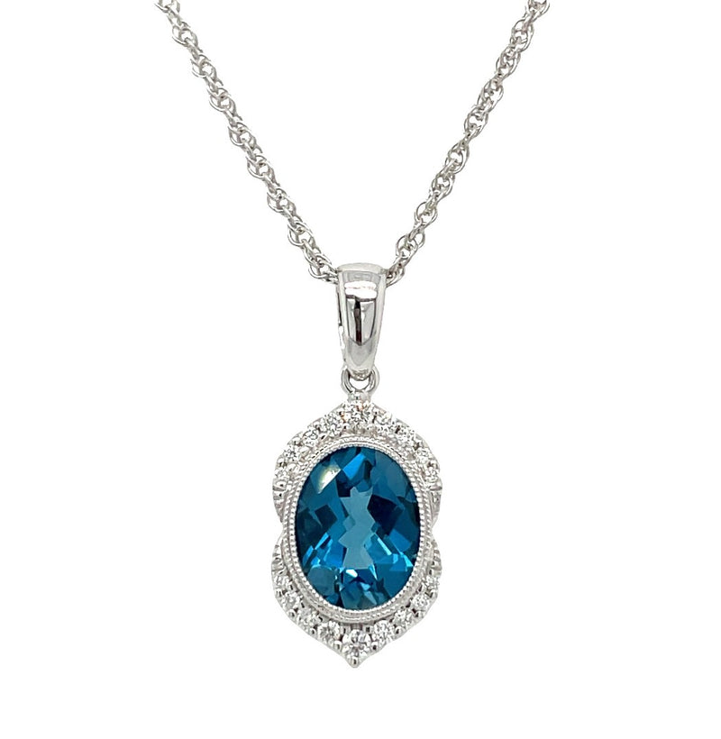 14K WHITE GOLD BLUE TOPAZ AND DIAMOND NECKLACE