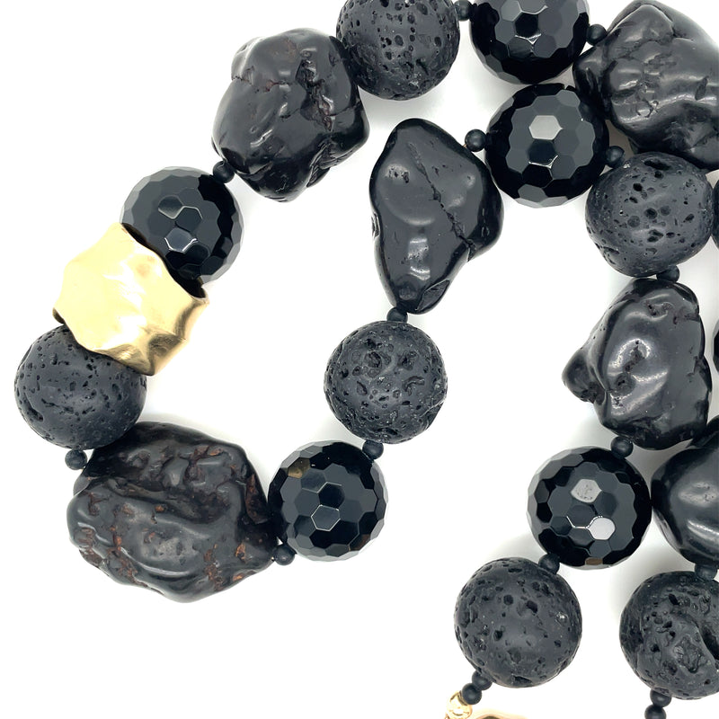 MOLTEN BLACK ONYX, LAVA AND GOLD PLATED BRONZE NECKLACE