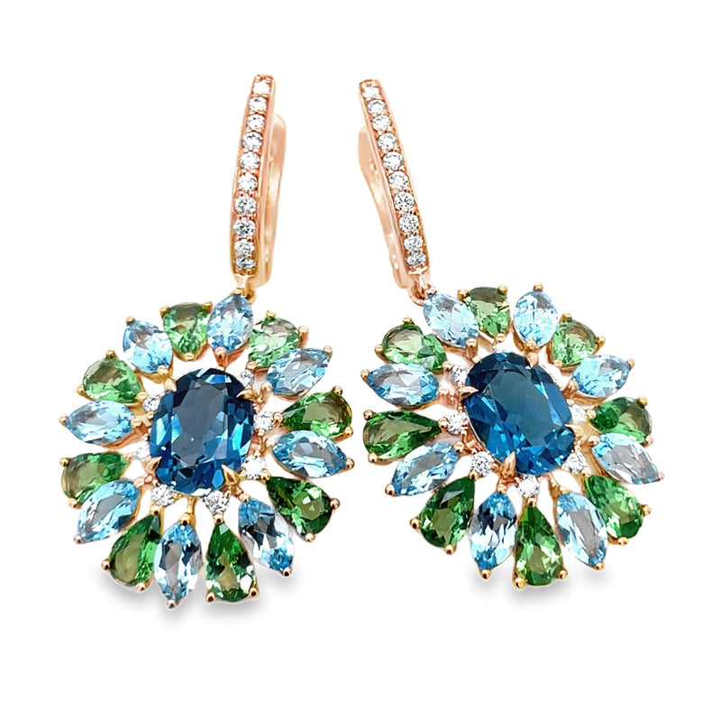 18K ROSE GOLD BLUE TOPAZ, TSAVORITE AND DIAMOND EARRINGS  #210-00329