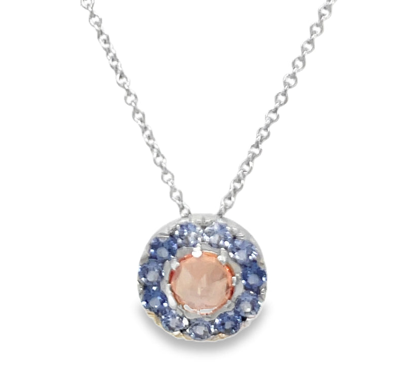 14K WHITE GOLD PEACH AND BLUE SAPPHIRE NECKLACE