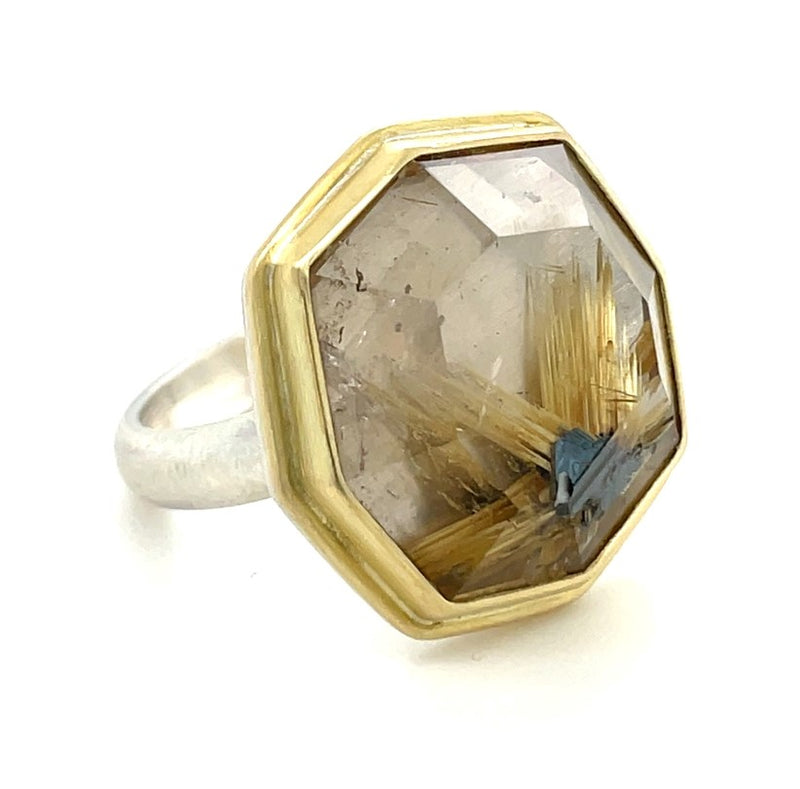STERLING SILVER AND 18K YELLOW GOLD DENDRITIC RUTILATED QUARTZ RING