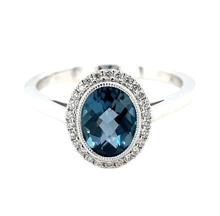 14K WHITE GOLD BLUE TOPAZ AND DIAMOND RING