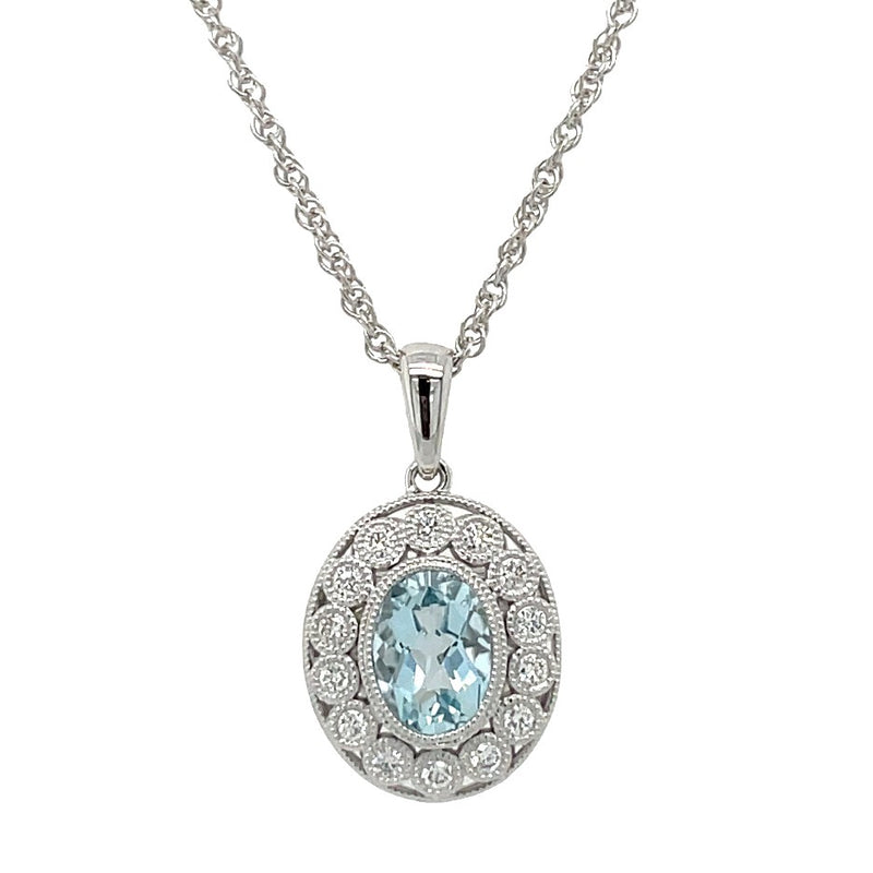 14K WHITE GOLD AQUAMARINE AND DIAMOND NECKLACE