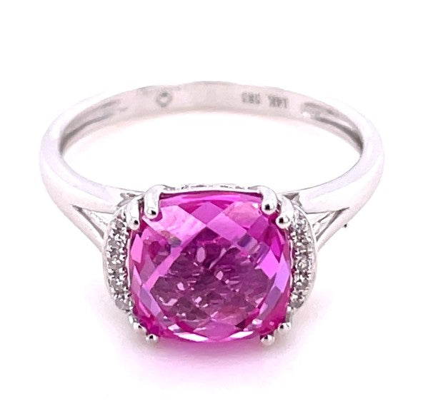 14K WHITE GOLD PINK COR AND DIAMOND RING