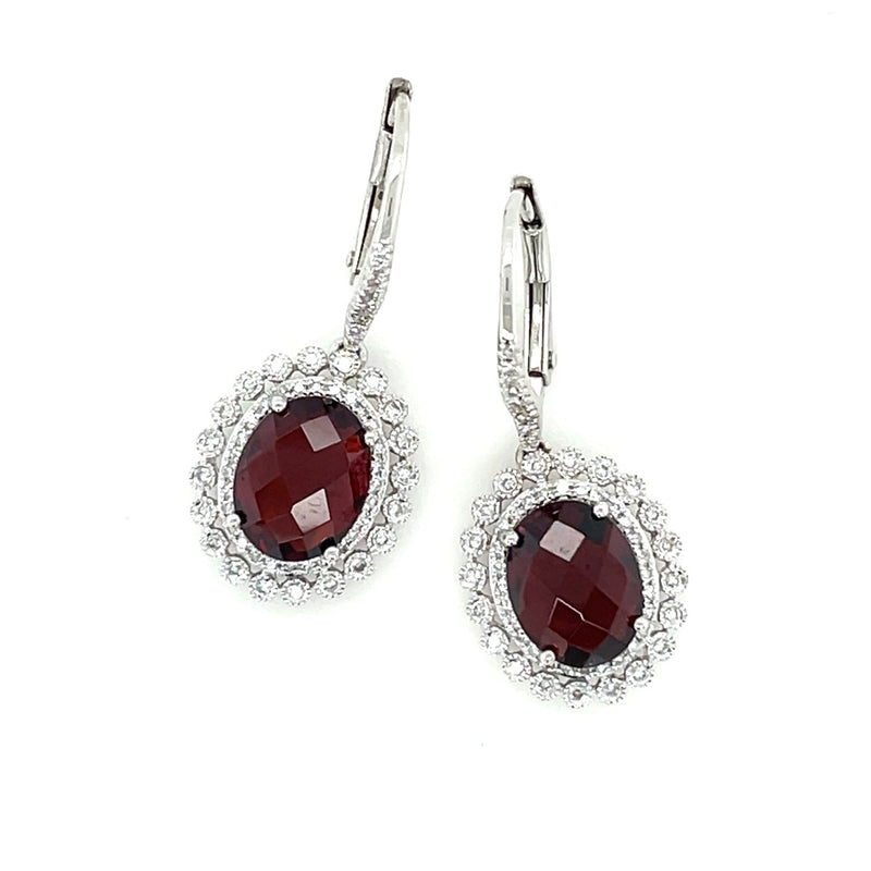 14K WHITE GOLD GARNET AND DIAMOND EARRINGS