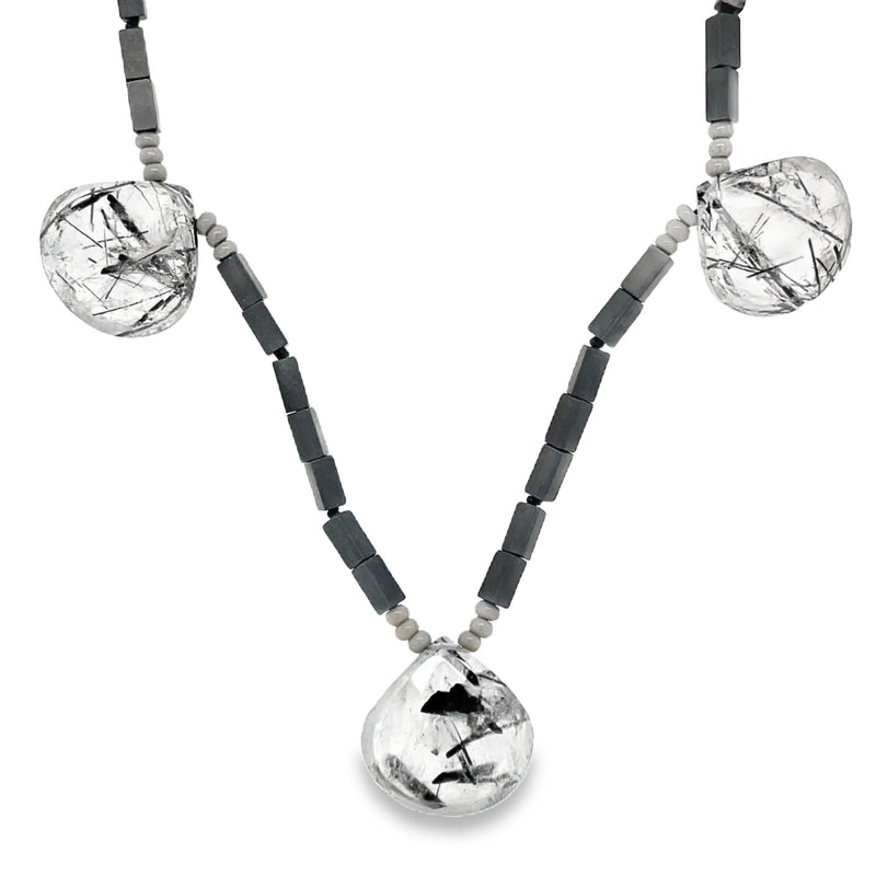 HEMATITE AND TOURMALATED QUARTZ NECKLACE  #801-00013