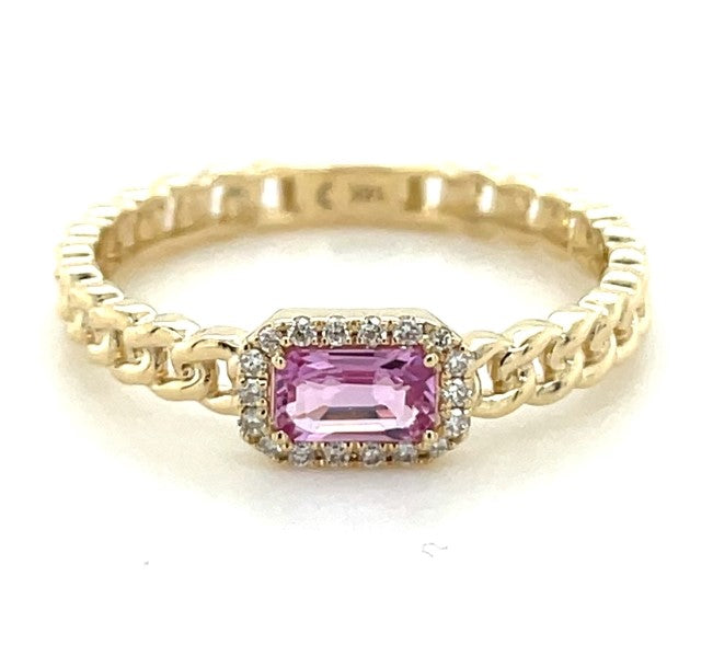 14K YELLOW GOLD PINK SAPPHIRE AND DIAMOND RING.