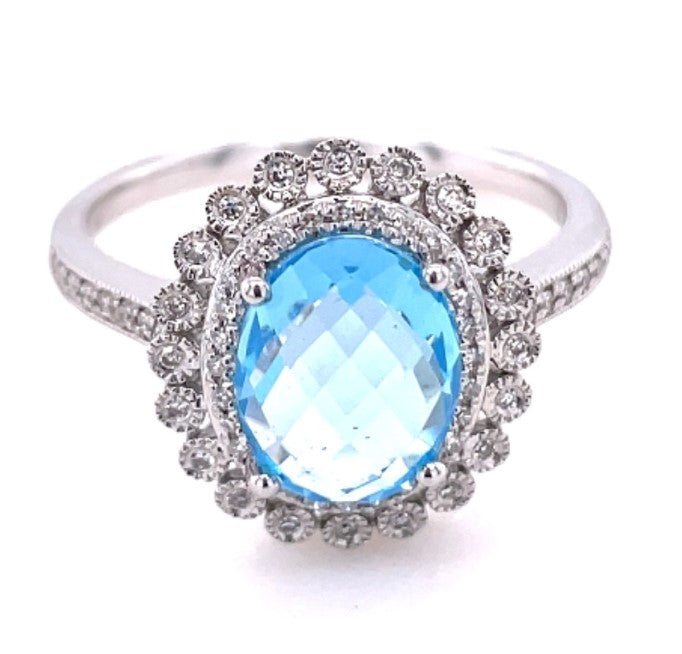 14K WHITE GOLD BLUE TOPAZ AND DIAMOND RING