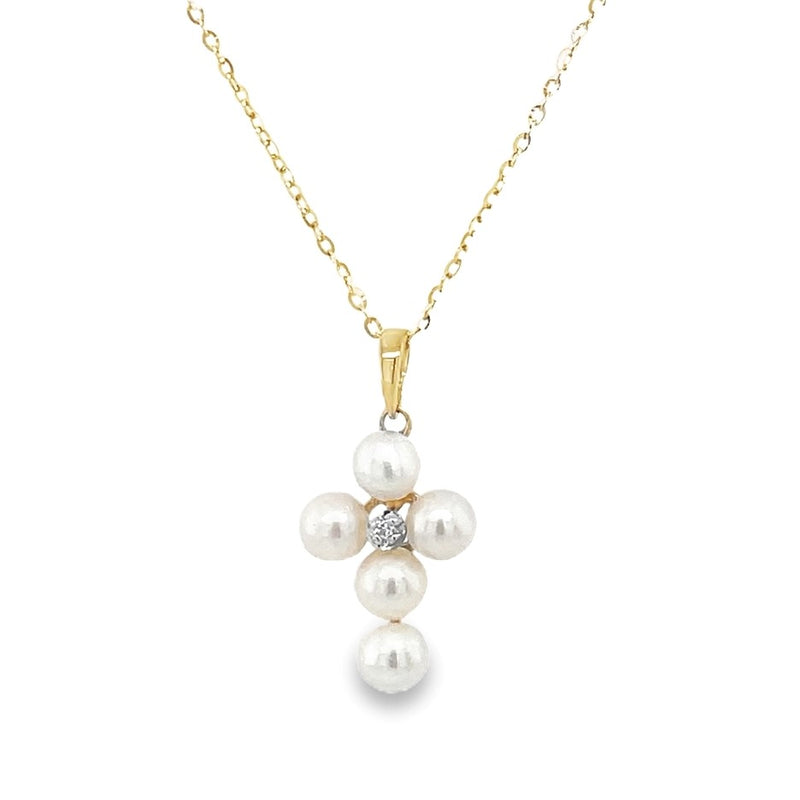 14K YELLOW GOLD PEARL CROSS NECKLACE  #325-00045