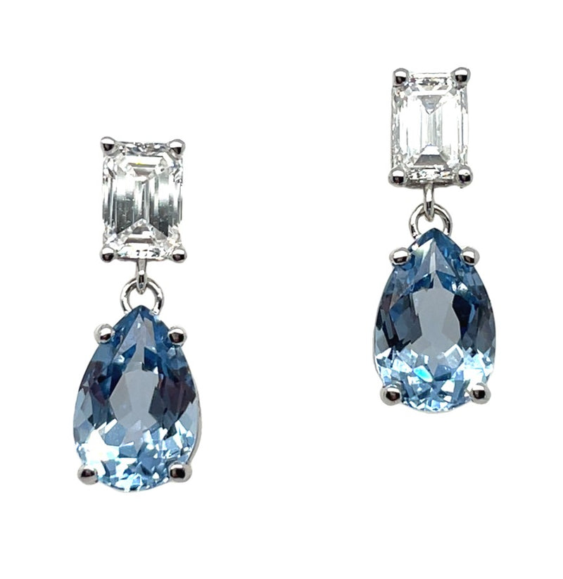 14K WHITE GOLD AQUAMARINE AND DIAMOND EARRINGS