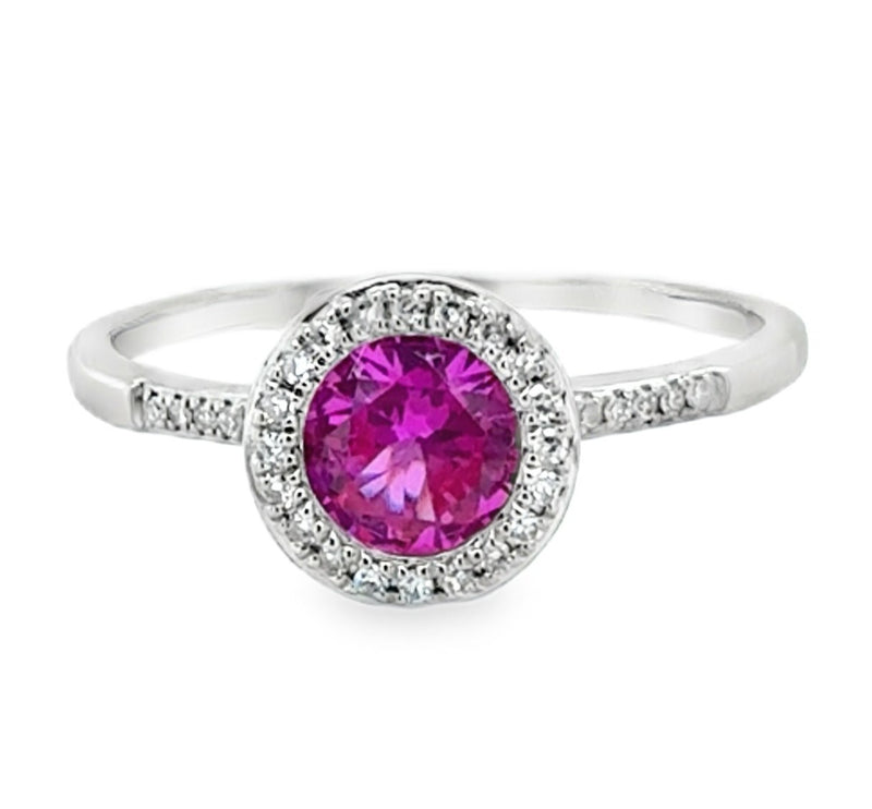 14K WHITE GOLD PINK CORUNDUM AND DIAMOND RING  #200-00467