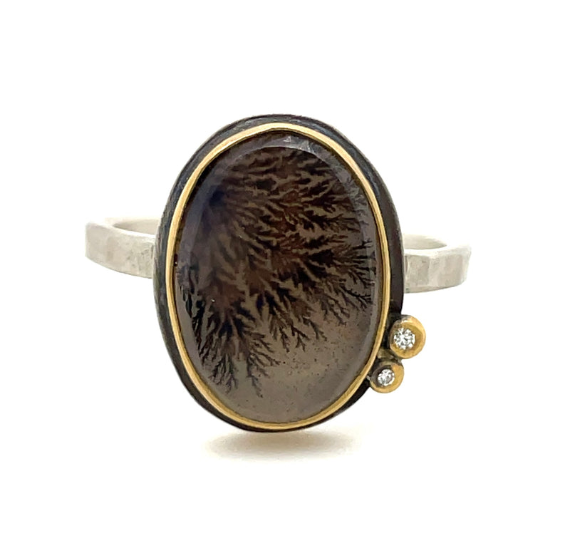 STERLING SILVER AND 22K YELLOW GOLD AGATE AND DIAMOND RING