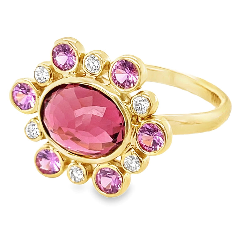 14K YELLOW GOLD PINK TOURMALINE, SAPPHIRE AND DIAMOND RING  #200-00488