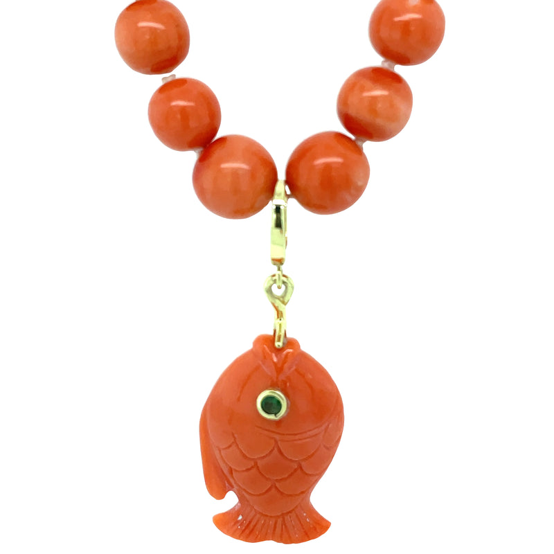 RED CORAL BEADED NECKLACE WITH FISH PENDANT