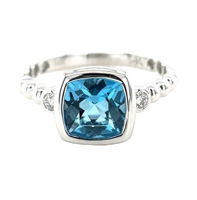 14K WHITE GOLD BLUE TOPAZ AND DIAMOND RING  #200-00278