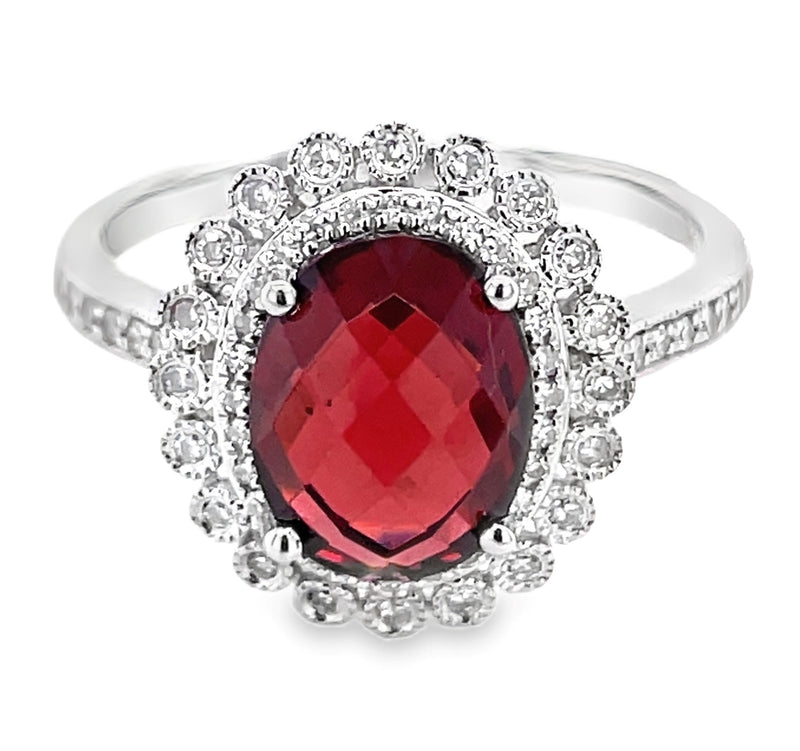 14K WHITE GOLD GARNET AND DIAMOND RING  #200-00130