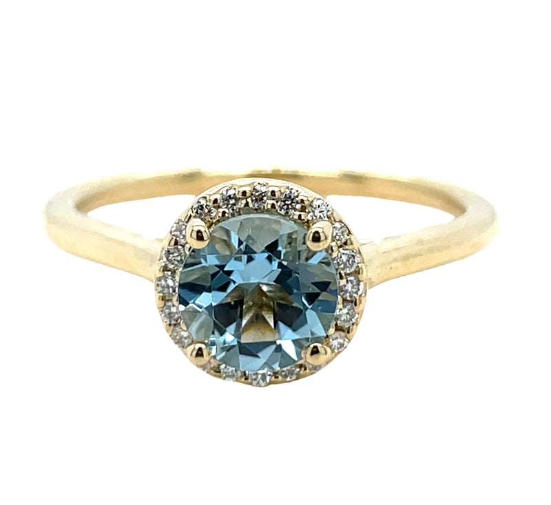 14K YELLOW GOLD AQUAMARINE AND DIAMOND RING