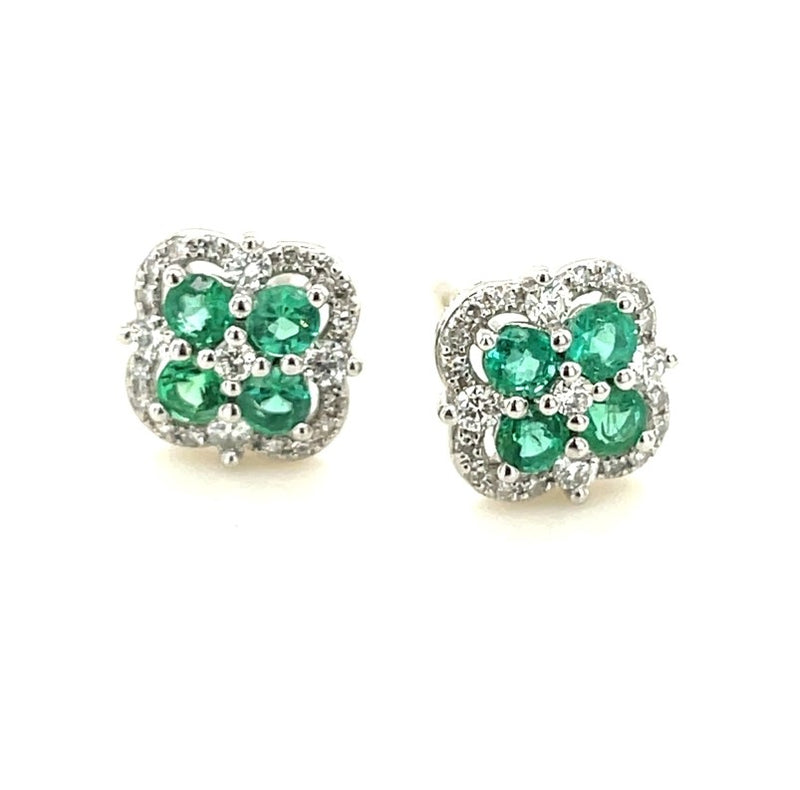 14K WHITE GOLD EMERALD AND DIAMOND EARRINGS