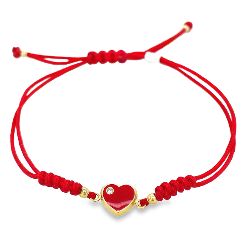 RED CORD BRACELET WITH 14K YELLOW GOLD ENAMEL HEART  #240-00043