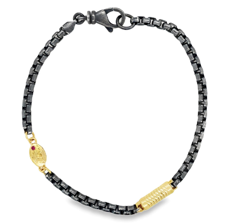 18K YELLOW GOLD AND OXIDIZED STERLING SILVER BRACELET  #440-00017