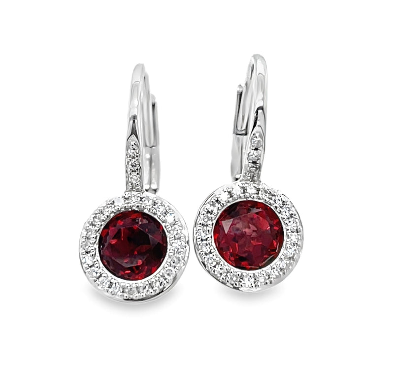 14K WHITE GOLD GARNET AND DIAMOND EARRINGS  #210-00186