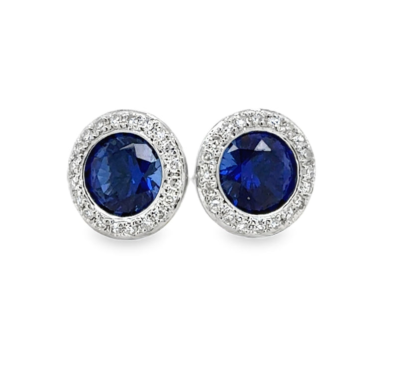 14K WHITE GOLD BLUE CORUNDUM AND DIAMOND EARRINGS  #210-00431