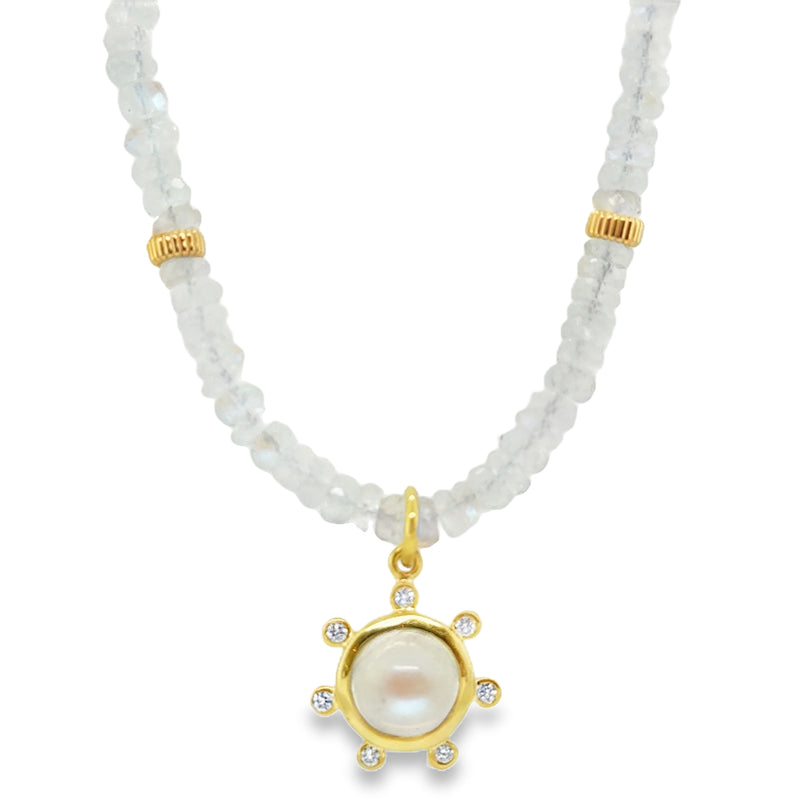 14K YELLOW GOLD MOONSTONE AND DIAMOND NECKLACE  #235-00145