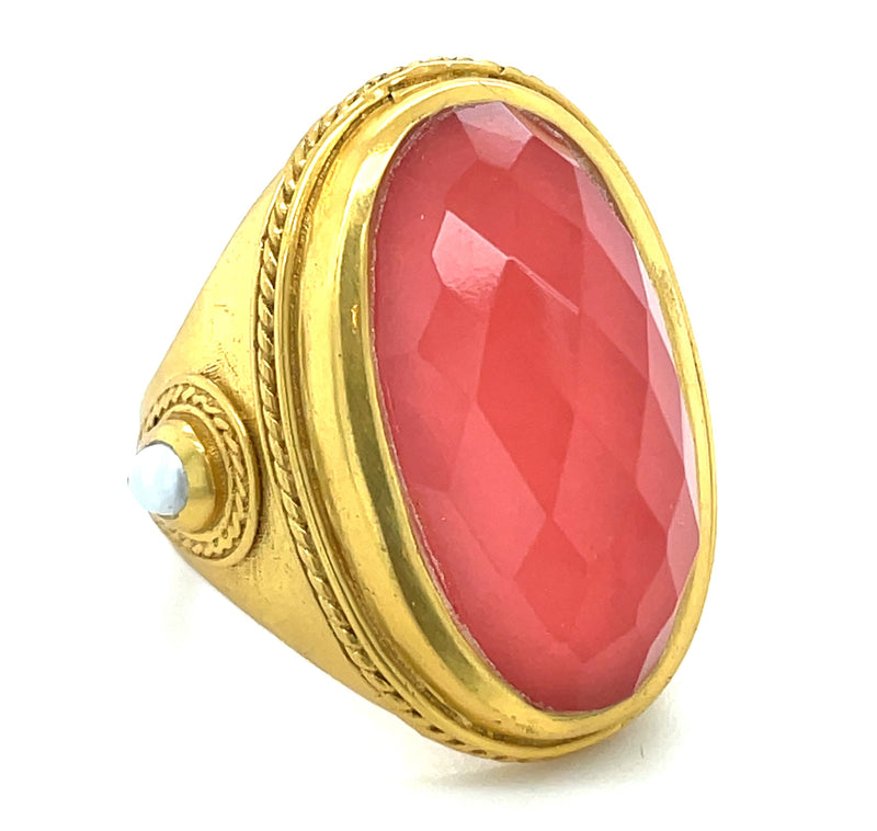 24K GOLD PLATED CORAL AND PEARL RING