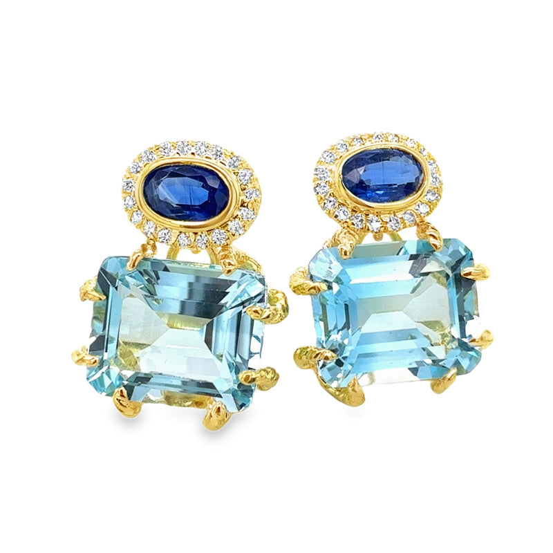 14K YELLOW GOLD BLUE TOPAZ, KYANITE AND DIAMOND EARRINGS  #210-00469