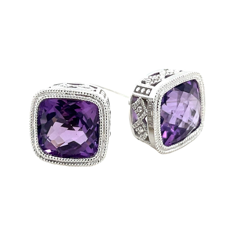 14K WHITE GOLD AMETHYST AND DIAMOND EARRINGS